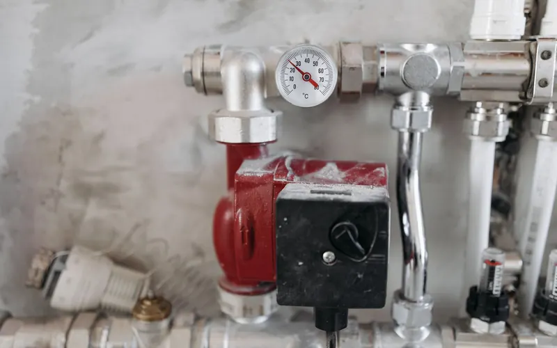 Collecteur de chauffage avec manomètre, vannes et circulateur dans un local technique