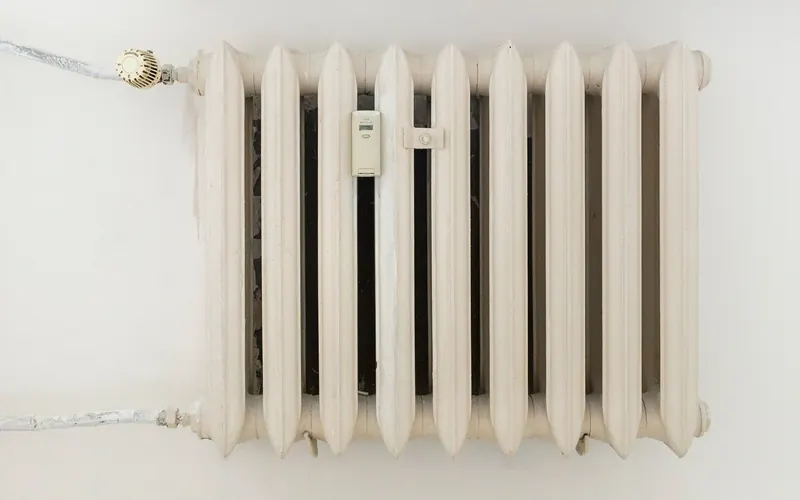 Radiateur en fonte blanc fixé au mur, avec son robinet et sa tuyauterie