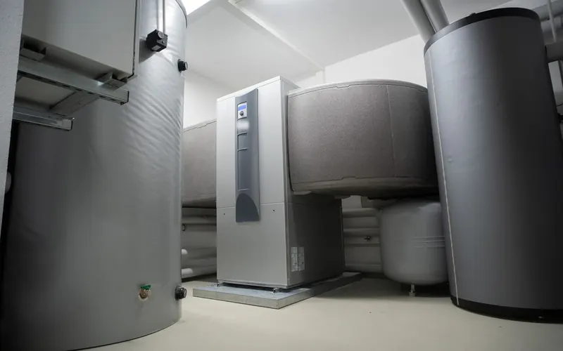 Local technique avec ballons d'eau chaude isolés et module intérieur de pompe à chaleur