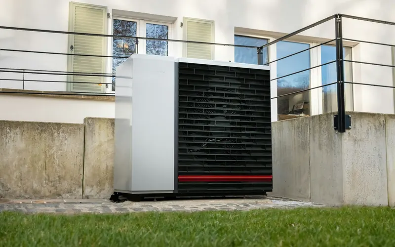 Unité installée sur une terrasse, avec garde-corps.